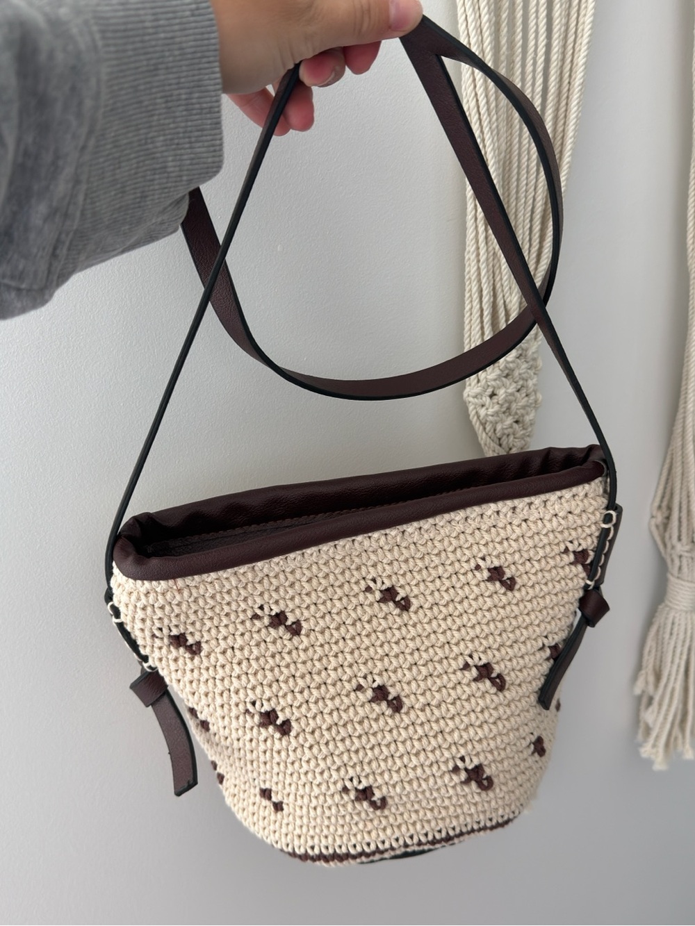 Cream Crochet Shoulder Bag with Dark Brown Trim